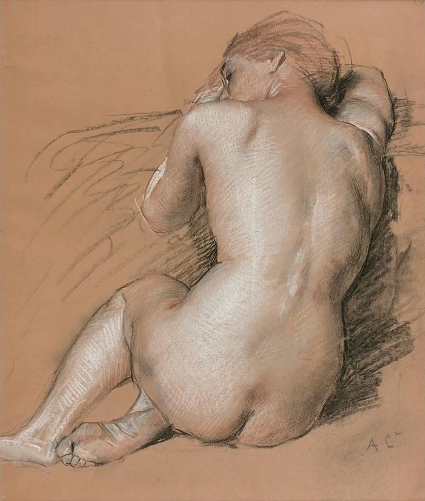 Donna nuda seduta di schiena